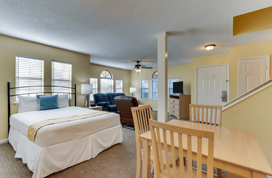 Over view of the downstairs room and seating area